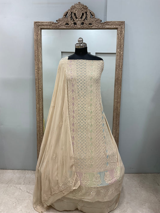 Multicoloured Cutdana Straight with Heavy Pearl Work Beige