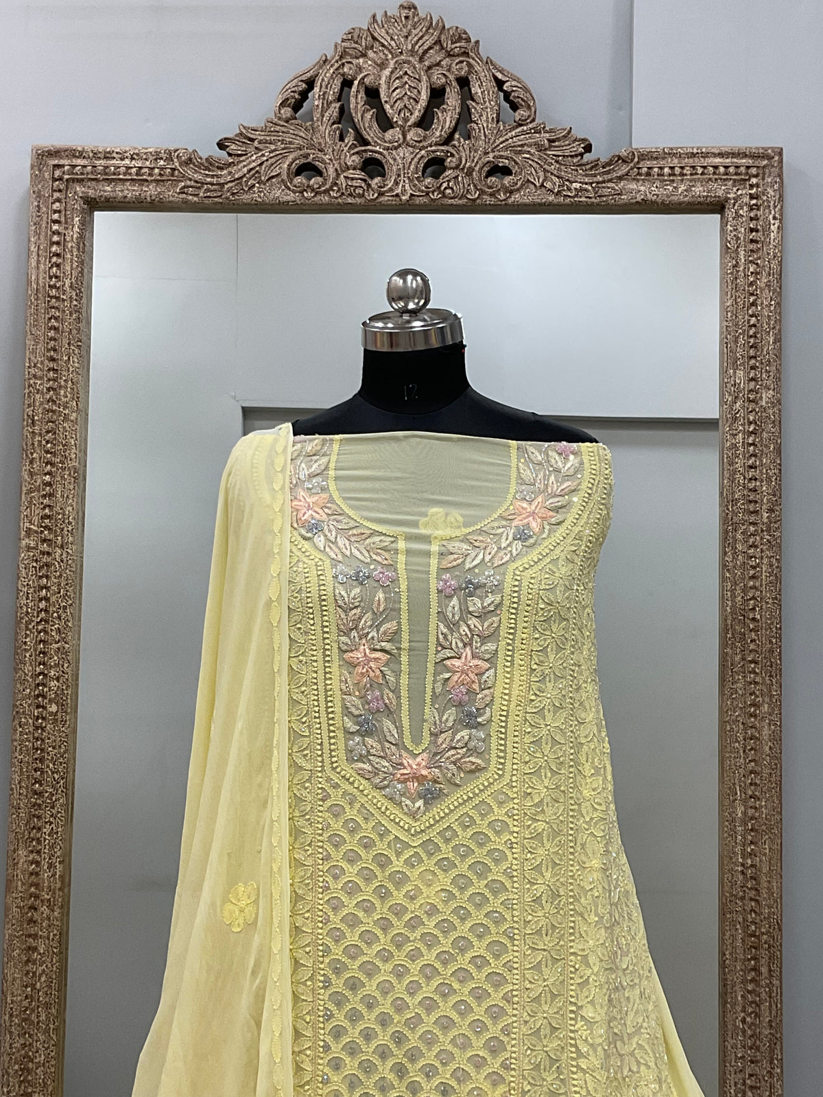 Parsi Gala Straight with Heavy Cutdana Work Yellow