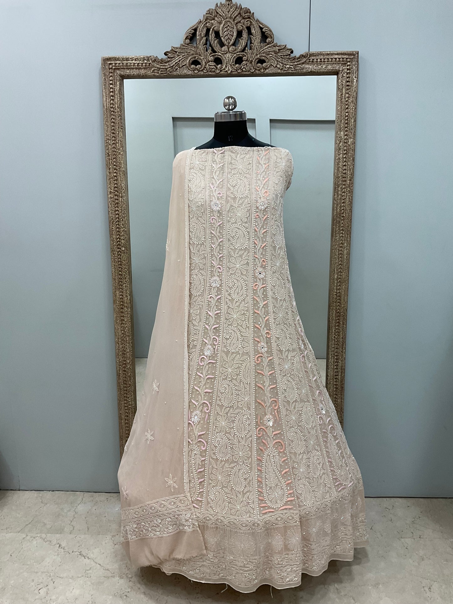 Pure Georgette Parsi Work Anarkali Heavy Pearl, Cutdana and Sequence Beige