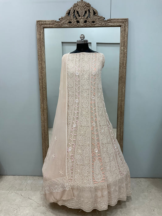 Pure Georgette Parsi Work Anarkali Heavy Pearl, Cutdana and Sequence Beige