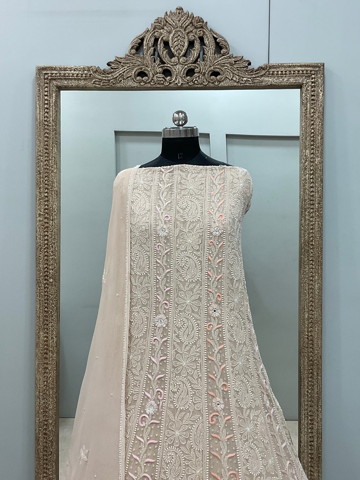 Pure Georgette Parsi Work Anarkali Heavy Pearl, Cutdana and Sequence Beige