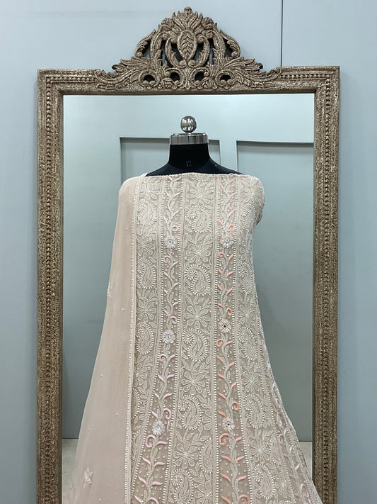 Pure Georgette Parsi Work Anarkali Heavy Pearl, Cutdana and Sequence Beige