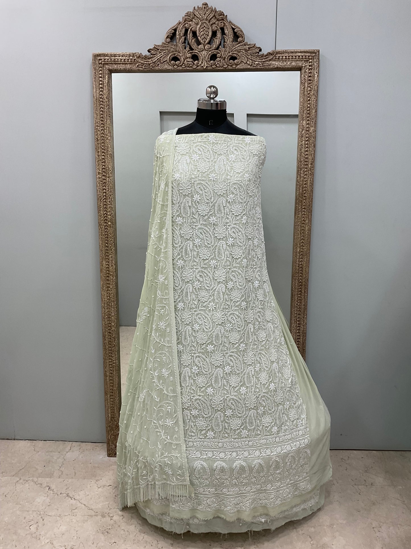 Pure Georgette Front And Back Heavy Pearl And Cutdana Work With Dupatta Green