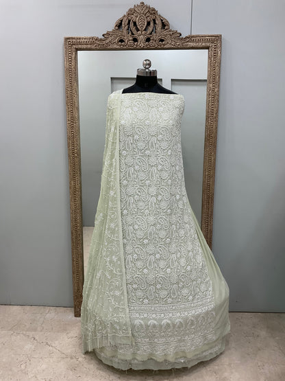 Pure Georgette Front And Back Heavy Pearl And Cutdana Work With Dupatta Green