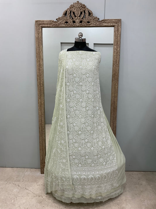 Pure Georgette Front And Back Heavy Pearl And Cutdana Work With Dupatta Green