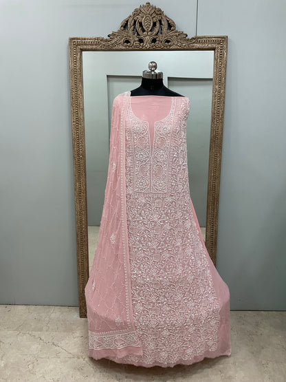 Pure Georgette Superfine Straight Heavy Sequence Pearl and Cutdana Pink