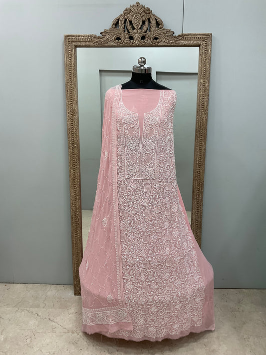 Pure Georgette Superfine Straight Heavy Sequence Pearl and Cutdana Pink