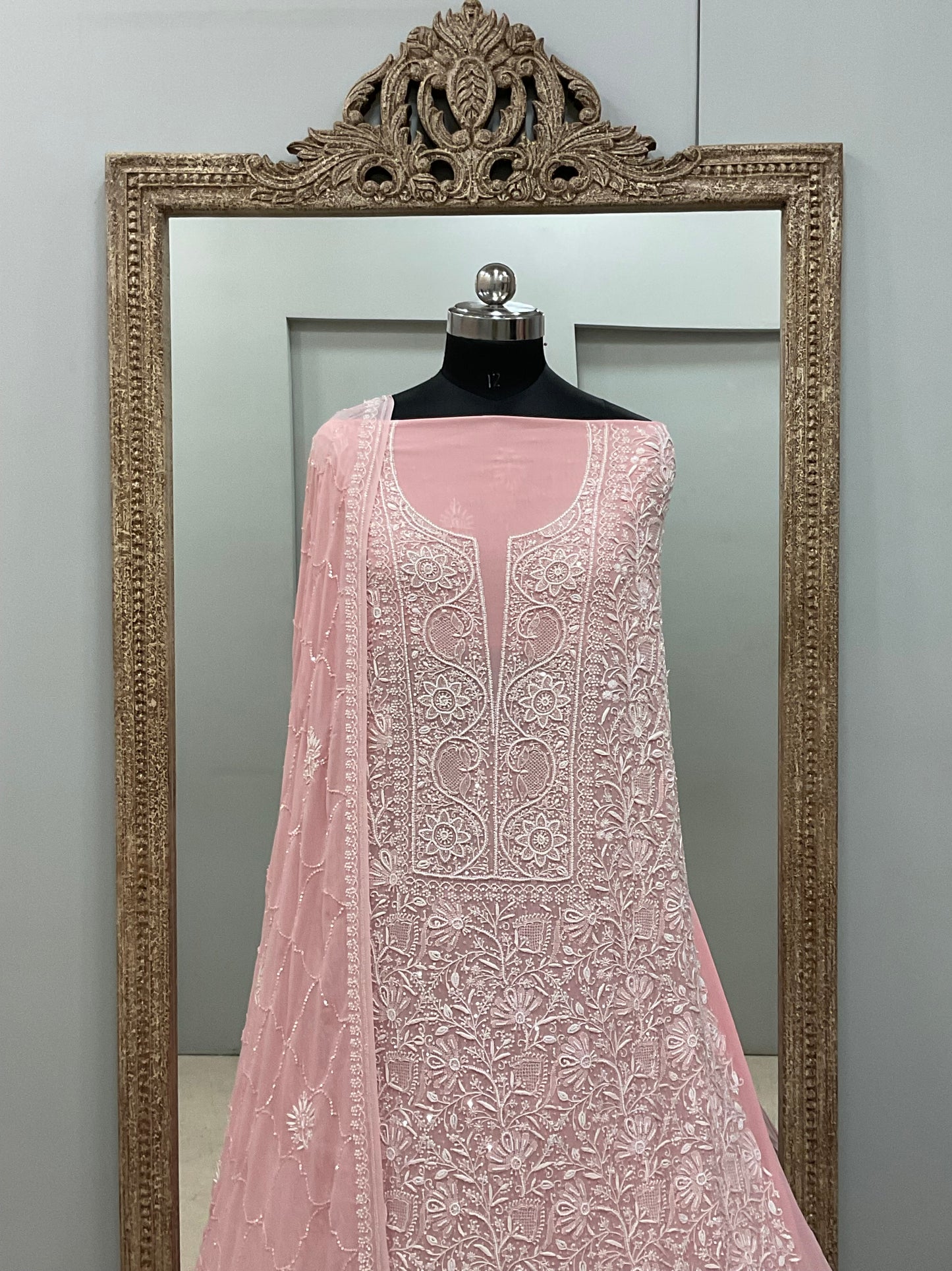 Pure Georgette Superfine Straight Heavy Sequence Pearl and Cutdana Pink