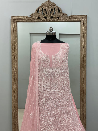 Pure Georgette Superfine Straight Heavy Sequence Pearl and Cutdana Pink