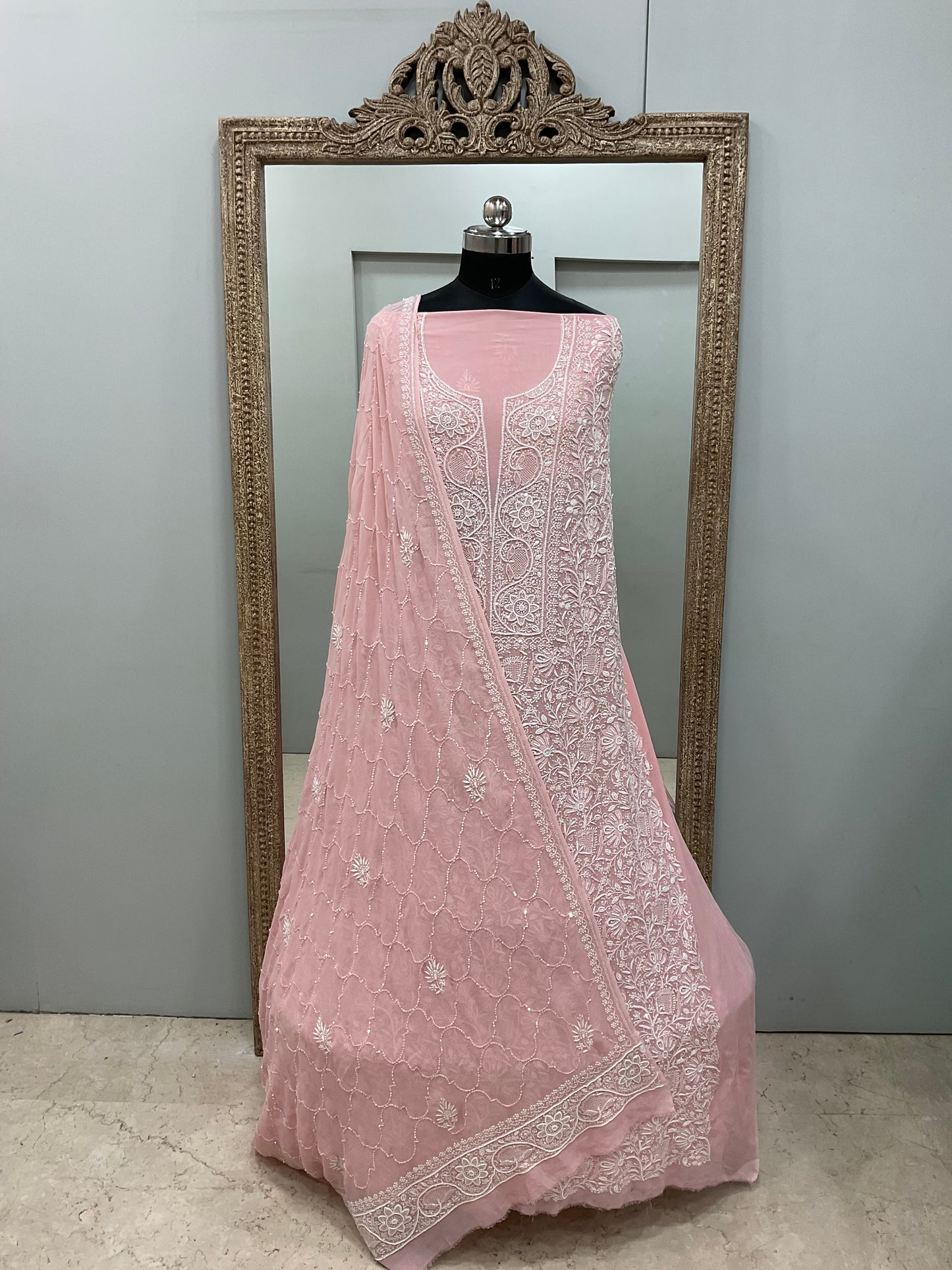 Pure Georgette Superfine Straight Heavy Sequence Pearl and Cutdana Pink