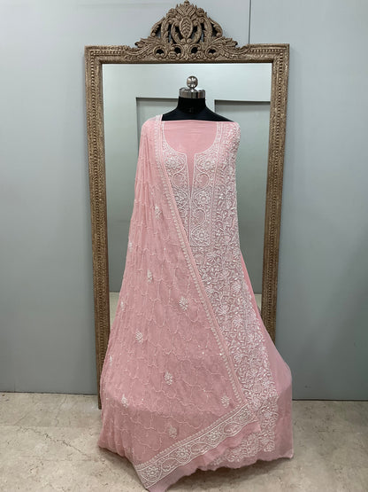 Pure Georgette Superfine Straight Heavy Sequence Pearl and Cutdana Pink