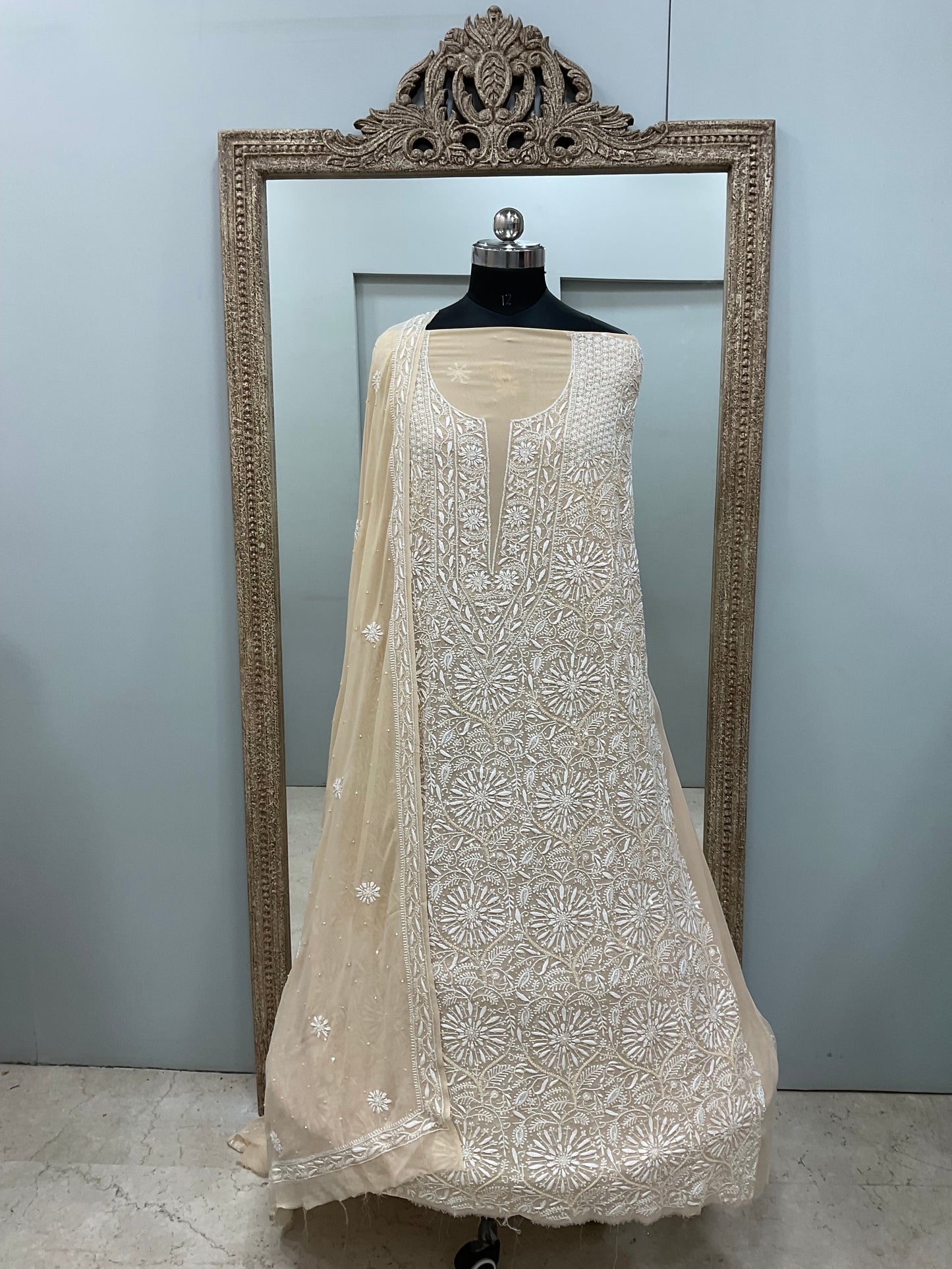 Superfine Pure Georgette Heavy Pearl Cutdana and Sequence Designer Beige