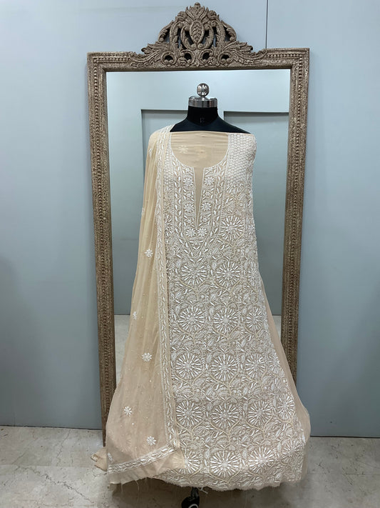 Superfine Pure Georgette Heavy Pearl Cutdana and Sequence Designer Beige