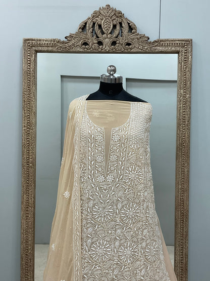 Superfine Pure Georgette Heavy Pearl Cutdana and Sequence Designer Beige