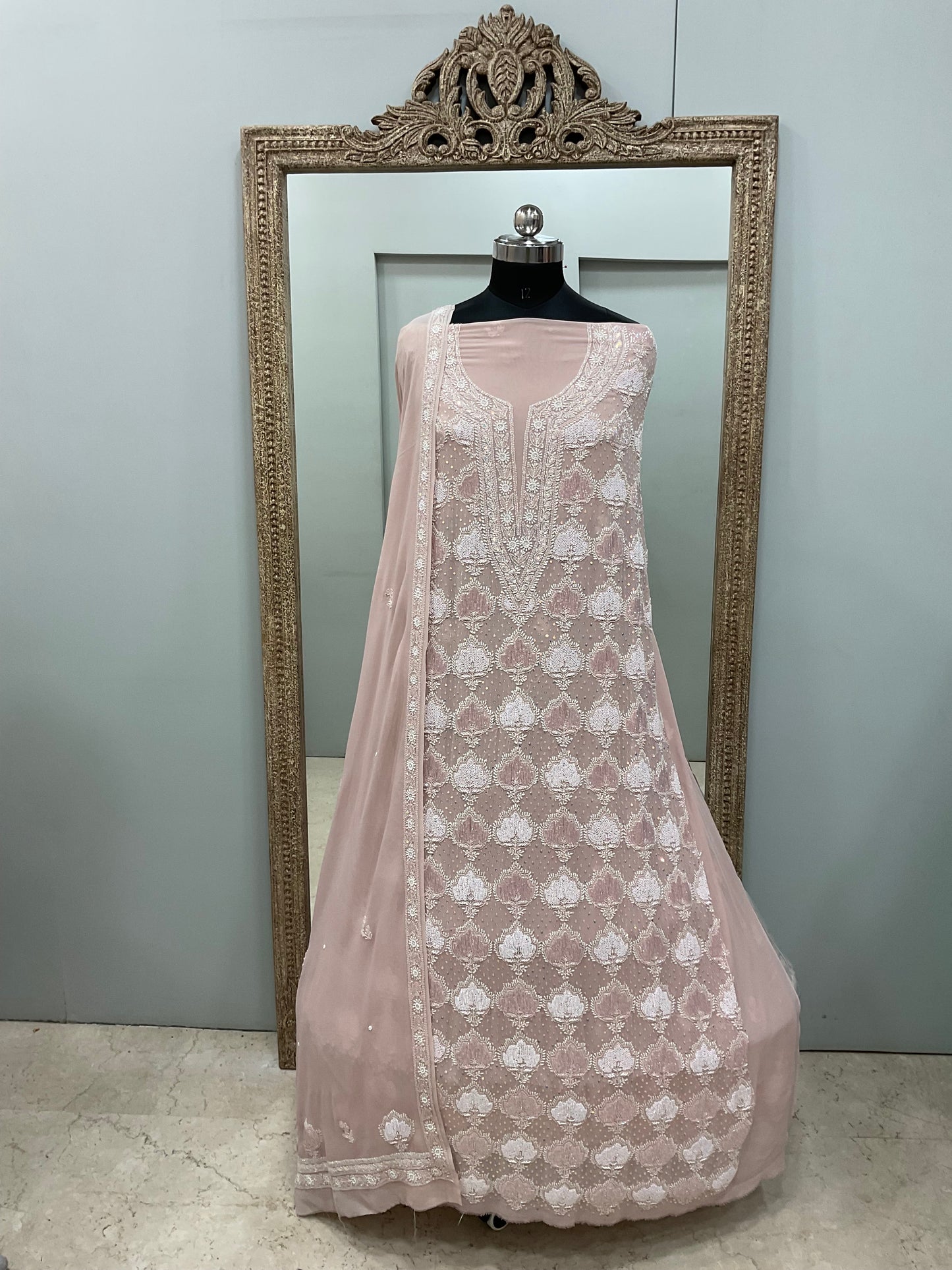 Superfine Pure Georgette Heavy Pearl Cutdana and Golden Sequence Designer Rose Gold