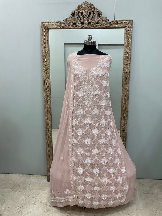 Superfine Pure Georgette Heavy Pearl Cutdana and Golden Sequence Designer Rose Gold