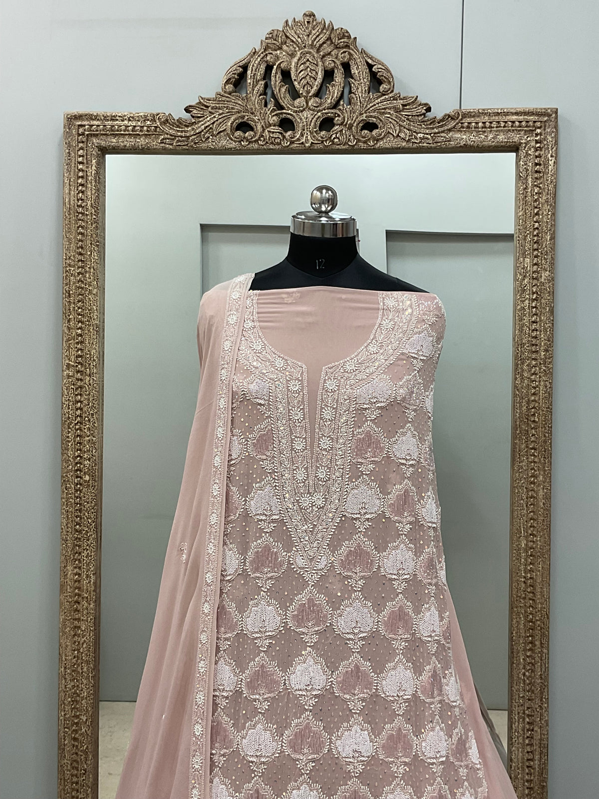 Superfine Pure Georgette Heavy Pearl Cutdana and Golden Sequence Designer Rose Gold
