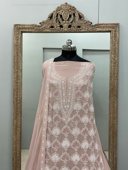 Superfine Pure Georgette Heavy Pearl Cutdana and Golden Sequence Designer Rose Gold