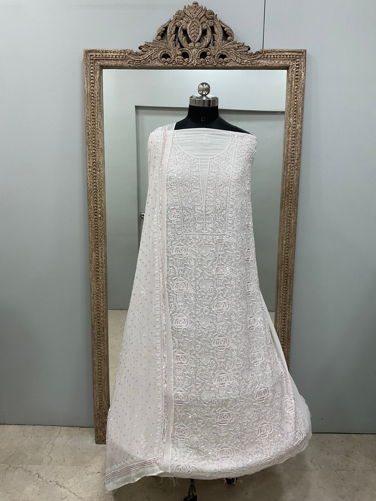 Superfine Pure Georgette Heavy Cutdana Pearl And Sequence Work Designer With Dupatta White