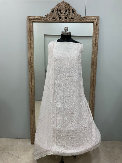 Superfine Pure Georgette Heavy Cutdana Pearl And Sequence Work Designer With Dupatta White