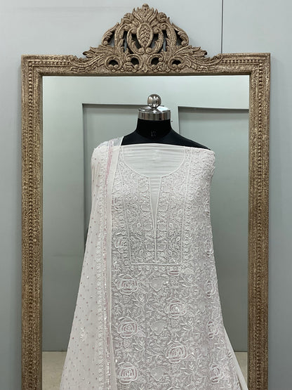 Superfine Pure Georgette Heavy Cutdana Pearl And Sequence Work Designer With Dupatta White