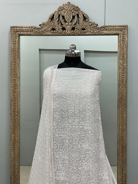 Superfine Pure Georgette Heavy Cutdana Pearl And Sequence Work Designer With Dupatta White