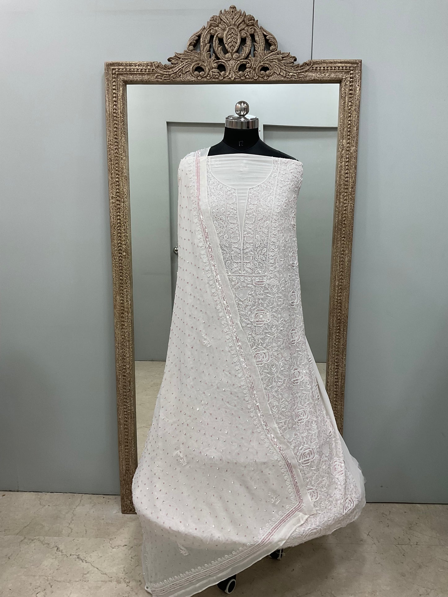 Superfine Pure Georgette Heavy Cutdana Pearl And Sequence Work Designer With Dupatta White