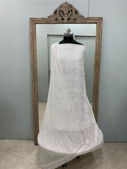 Superfine Pure Georgette Heavy Cutdana Pearl And Sequence Work Designer With Dupatta White
