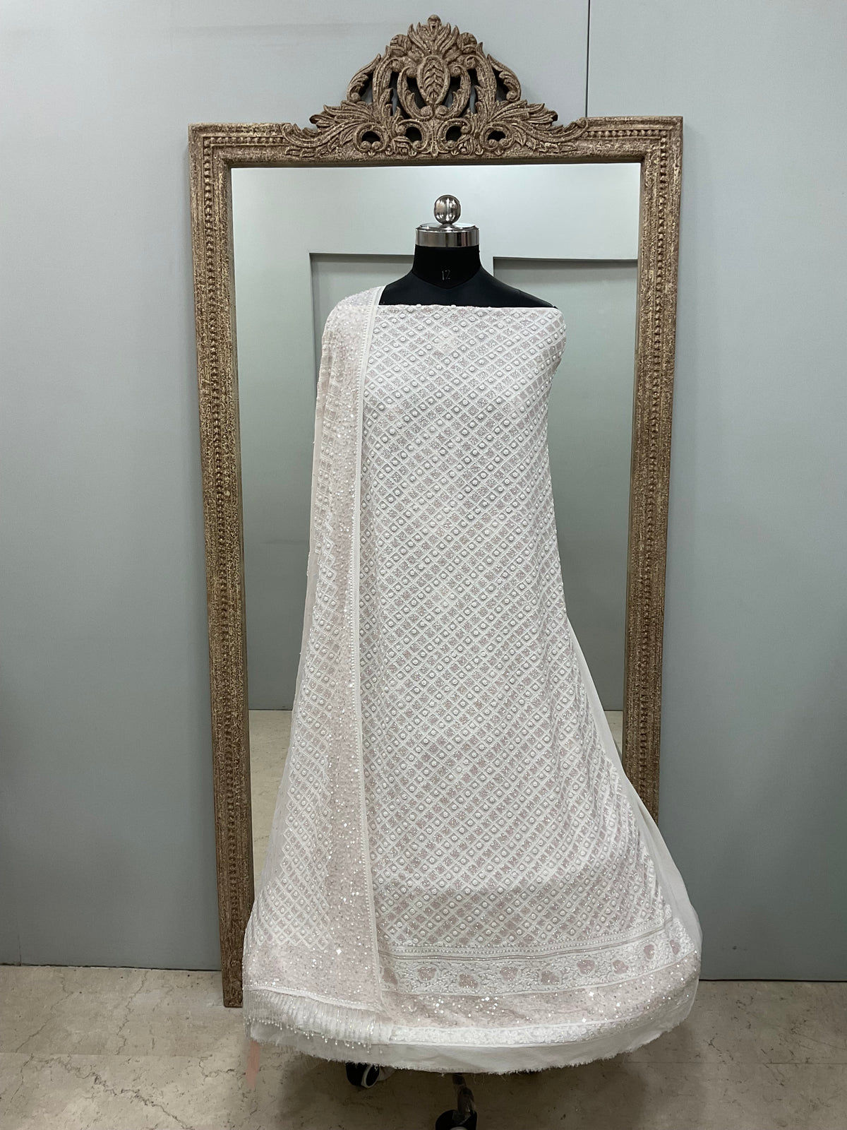 Superfine Pure Georgette Heavy Pearl Cutdana and Sequence Designer White 01
