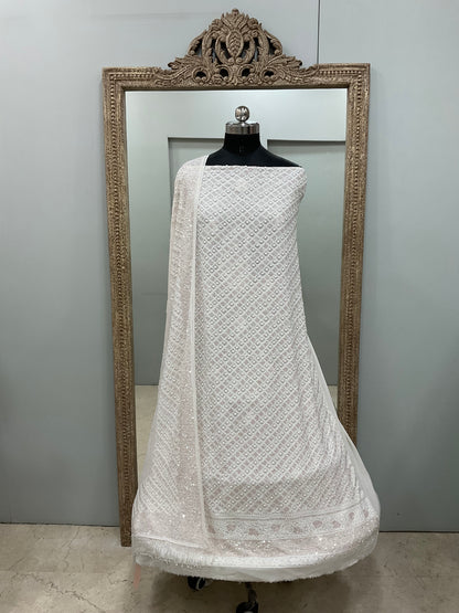 Superfine Pure Georgette Heavy Pearl Cutdana and Sequence Designer White 01