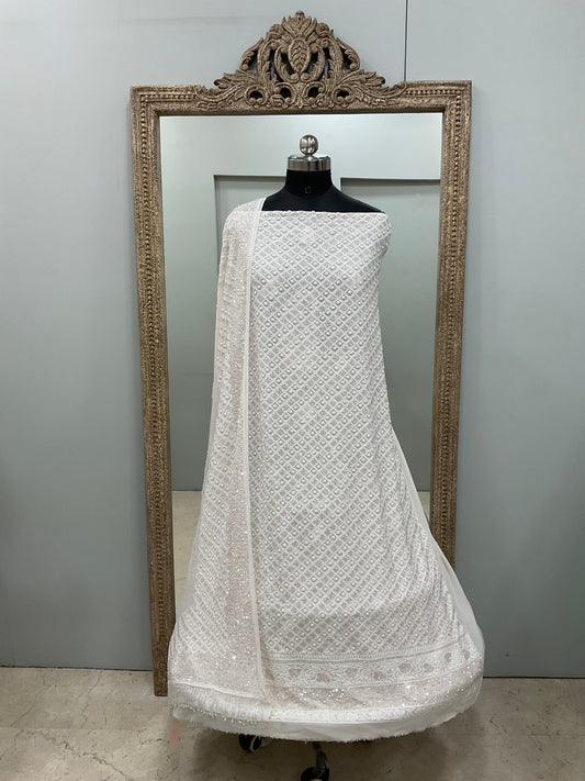 Superfine Pure Georgette Heavy Pearl Cutdana and Sequence Designer White 01