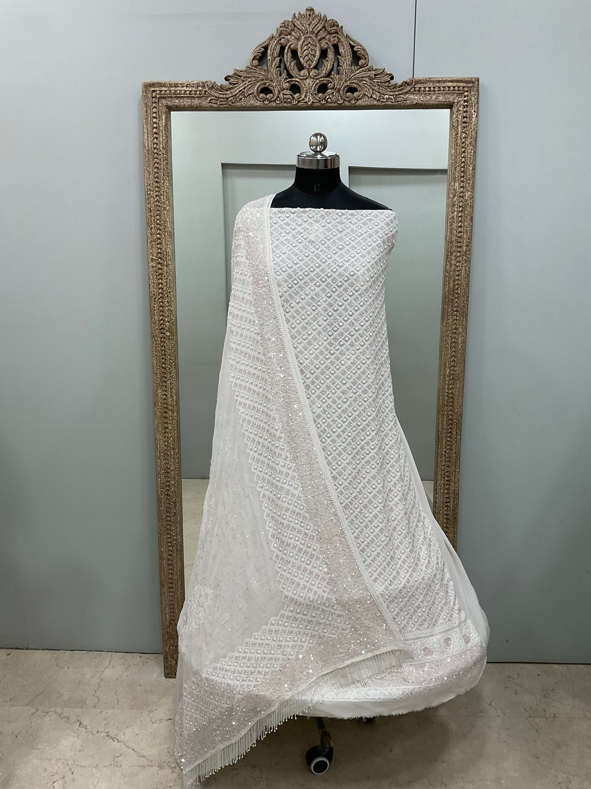 Superfine Pure Georgette Heavy Pearl Cutdana and Sequence Designer White 01