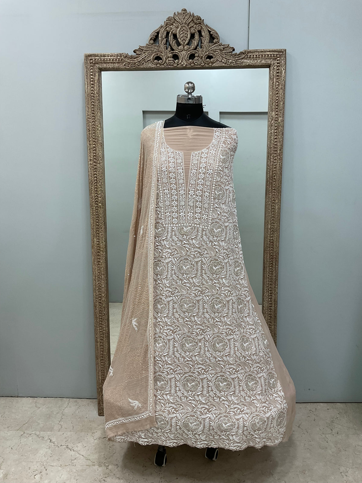 Superfine Pure Georgette Superfine Straight Heavy Sequence Pearl and Cutdana Beige