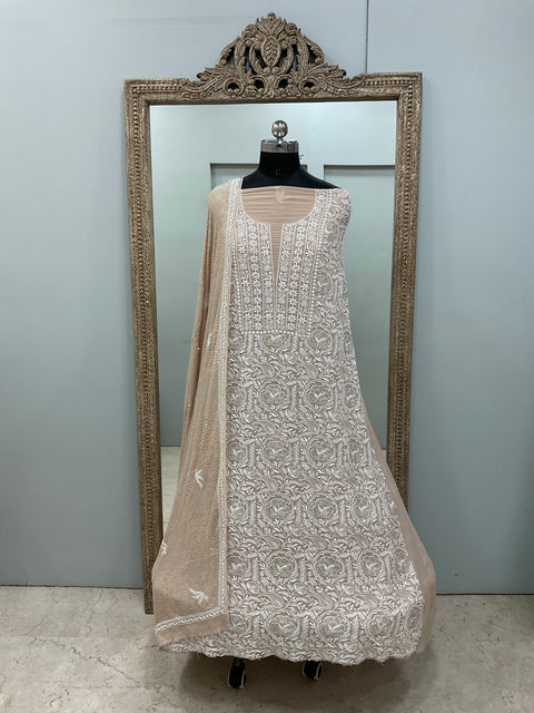 Superfine Pure Georgette Superfine Straight Heavy Sequence Pearl and Cutdana Beige