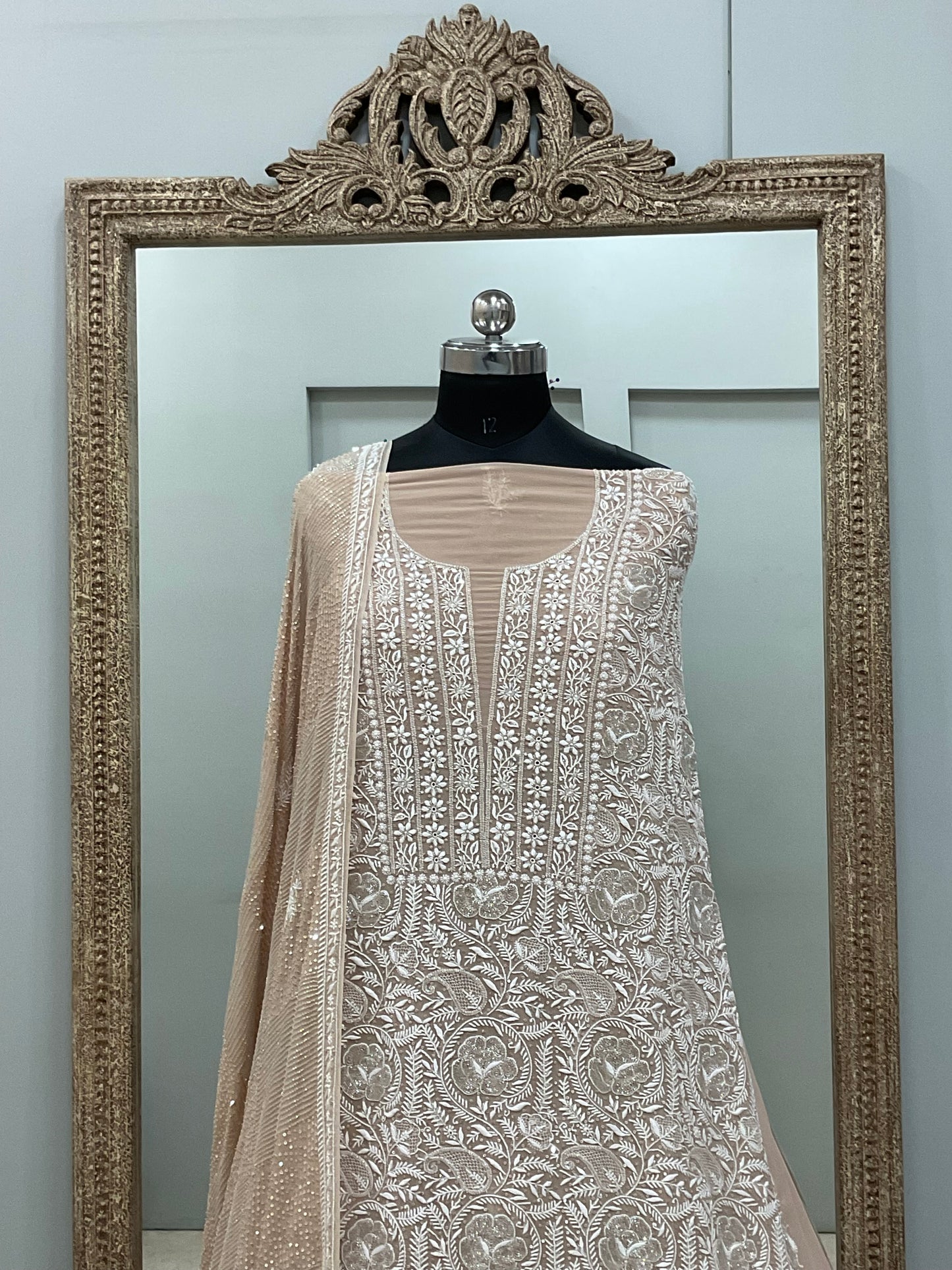 Superfine Pure Georgette Superfine Straight Heavy Sequence Pearl and Cutdana Beige