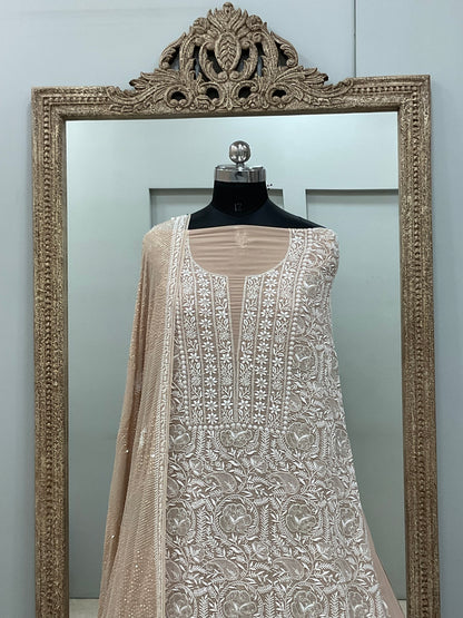 Superfine Pure Georgette Superfine Straight Heavy Sequence Pearl and Cutdana Beige