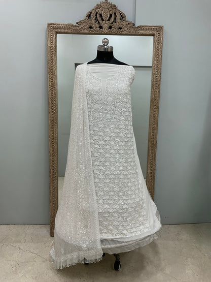 Superfine Pure Georgette Heavy Pearl Cutdana and Sequence Designer White 03