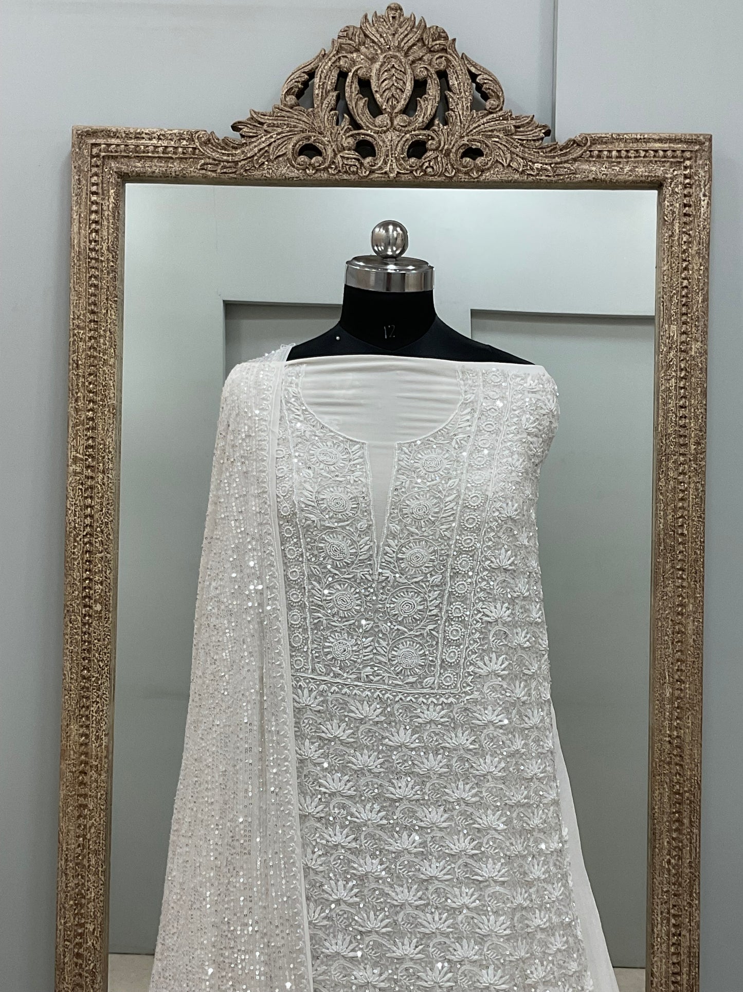 Superfine Pure Georgette Heavy Pearl Cutdana and Sequence Designer White 03