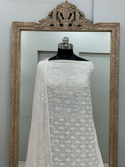 Superfine Pure Georgette Heavy Pearl Cutdana and Sequence Designer White 03