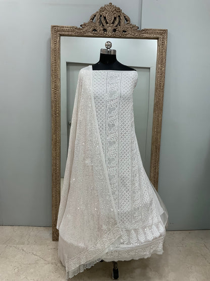 Superfine Pure Georgette Heavy Pearl Cutdana and Sequence Designer White 04