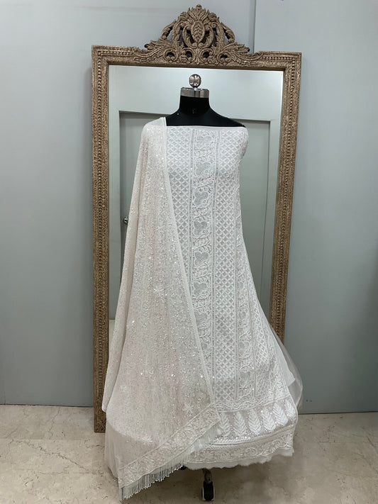 Superfine Pure Georgette Heavy Pearl Cutdana and Sequence Designer White 04