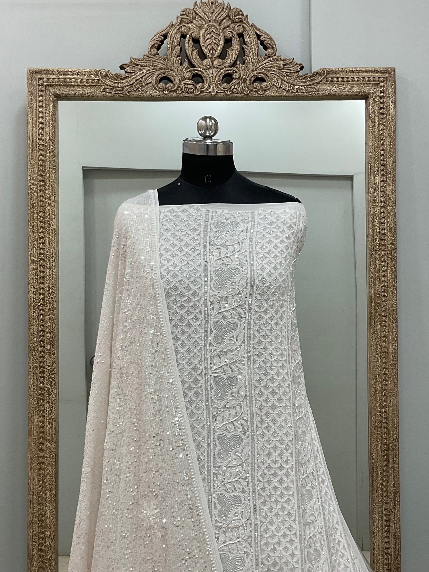Superfine Pure Georgette Heavy Pearl Cutdana and Sequence Designer White 04