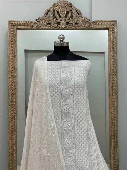 Superfine Pure Georgette Heavy Pearl Cutdana and Sequence Designer White 04