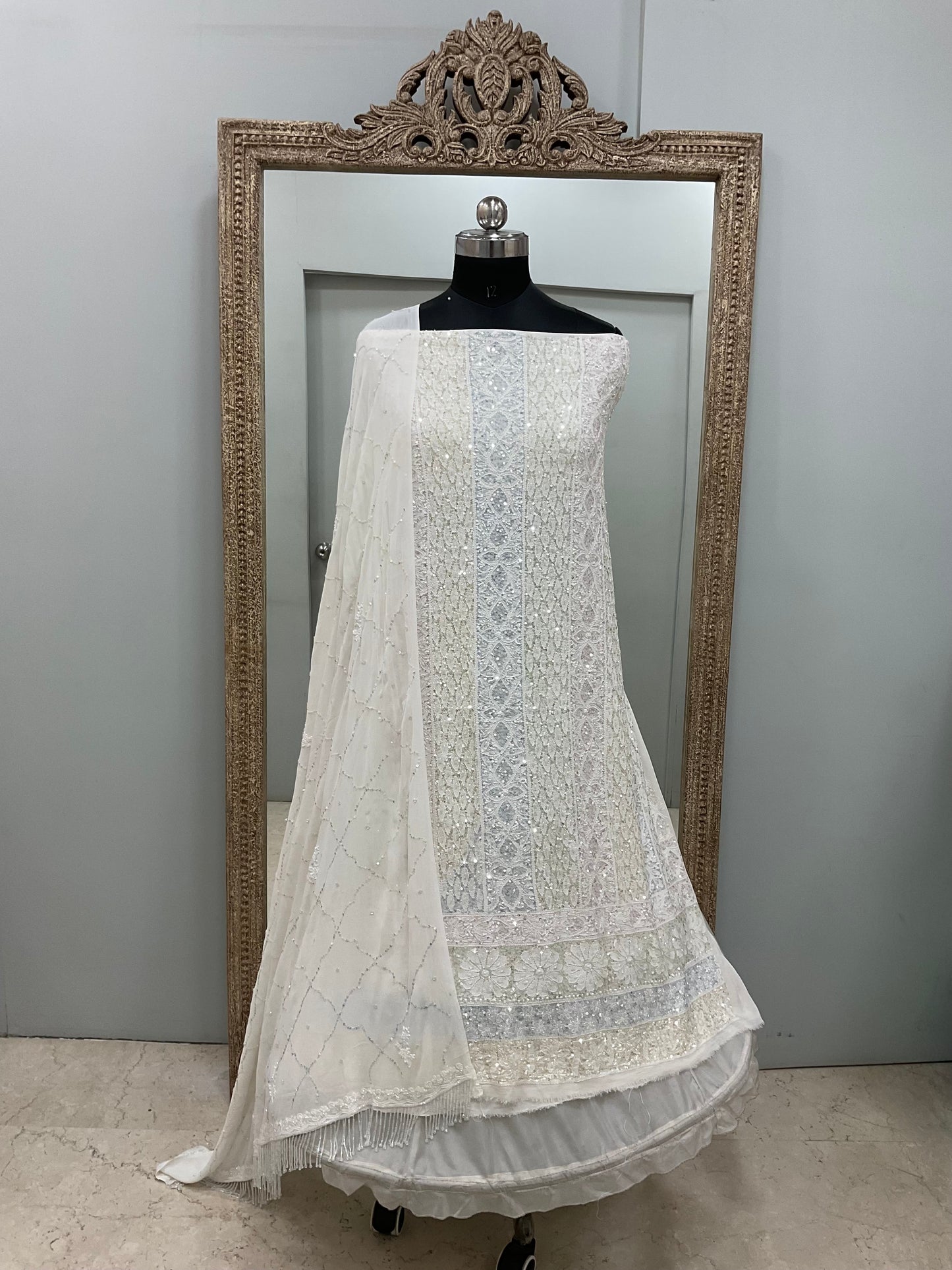 Pure Georgette Heavy Pearl Cutdana and Sequence Designer White 01