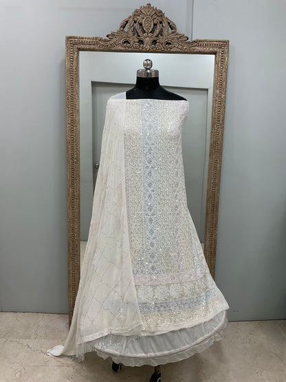 Pure Georgette Heavy Pearl Cutdana and Sequence Designer White 01