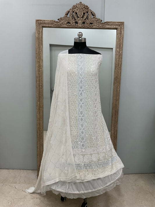 Pure Georgette Heavy Pearl Cutdana and Sequence Designer White 01