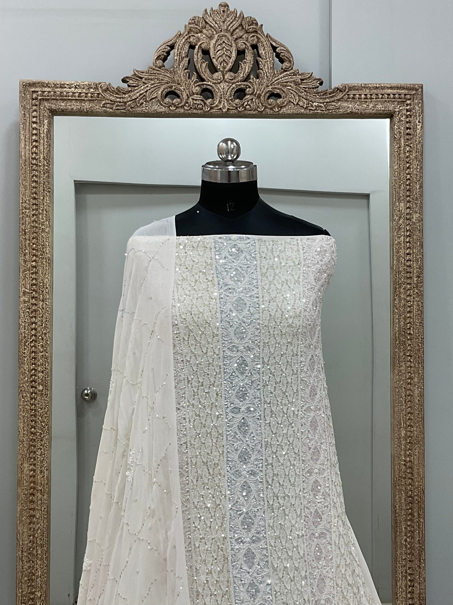 Pure Georgette Heavy Pearl Cutdana and Sequence Designer White 01