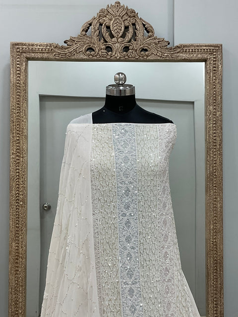 Pure Georgette Heavy Pearl Cutdana and Sequence Designer White 01