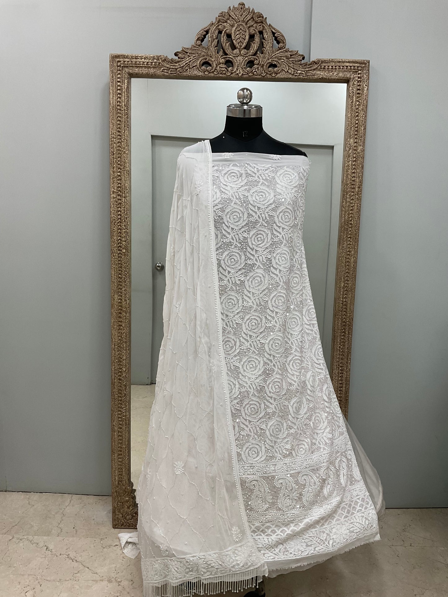 Pure Georgette Heavy Pearl Cutdana and Sequence Designer White 02