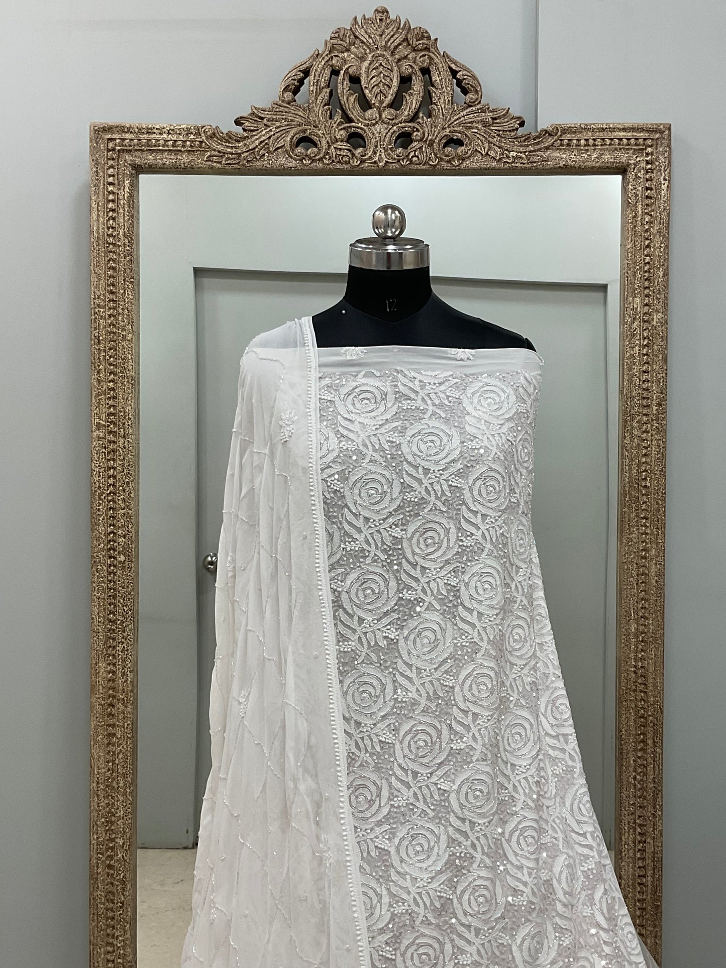 Pure Georgette Heavy Pearl Cutdana and Sequence Designer White 02